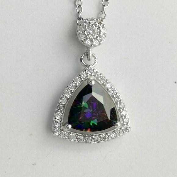 Mystic Topaz CZ Halo Pendant Necklace Sterling Silver - Picture 3 of 7